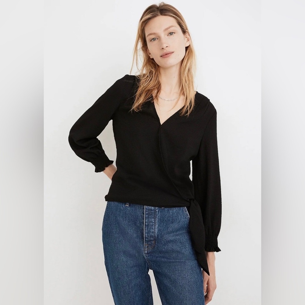 Madewell black smocked sleeve wrap blouse top L
